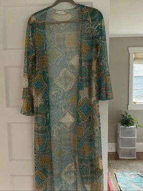 Sheer Teal Patchwork Long-Sleeve Maxi Duster